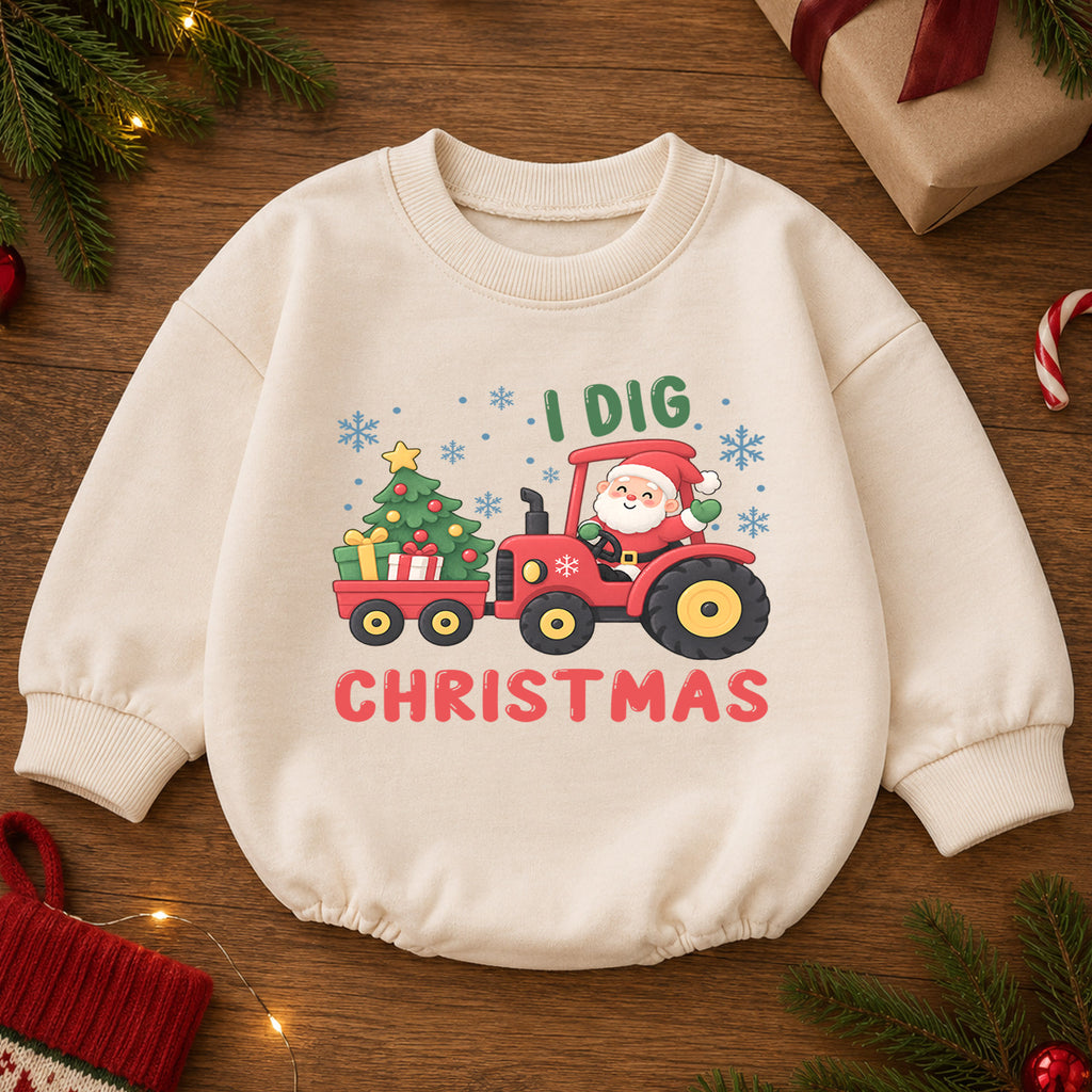 Santa Tractor Christmas Outfit, I Dig Christmas Baby Romper, Farm Toddler Holiday Romper, Cute 1st Christmas Gift for Baby — product view 2