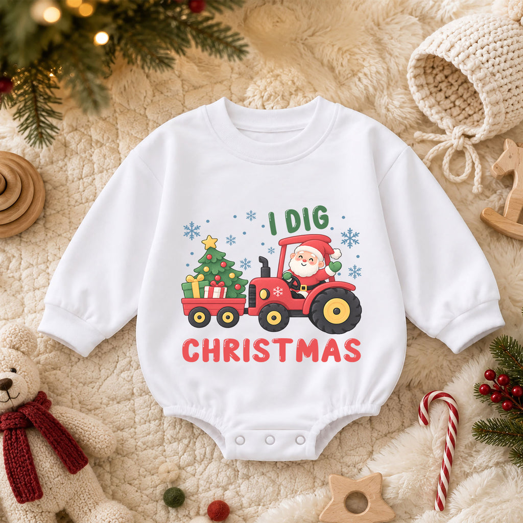 Santa Tractor Christmas Outfit, I Dig Christmas Baby Romper, Farm Toddler Holiday Romper, Cute 1st Christmas Gift for Baby — product view 3