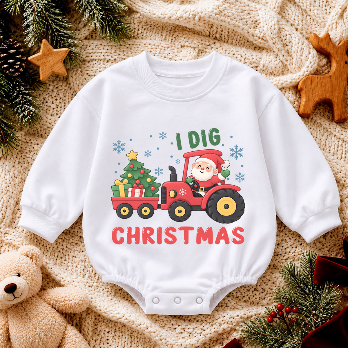 Santa Tractor Christmas Outfit, I Dig Christmas Baby Romper, Farm Toddler Holiday Romper, Cute 1st Christmas Gift for Baby — product view 4