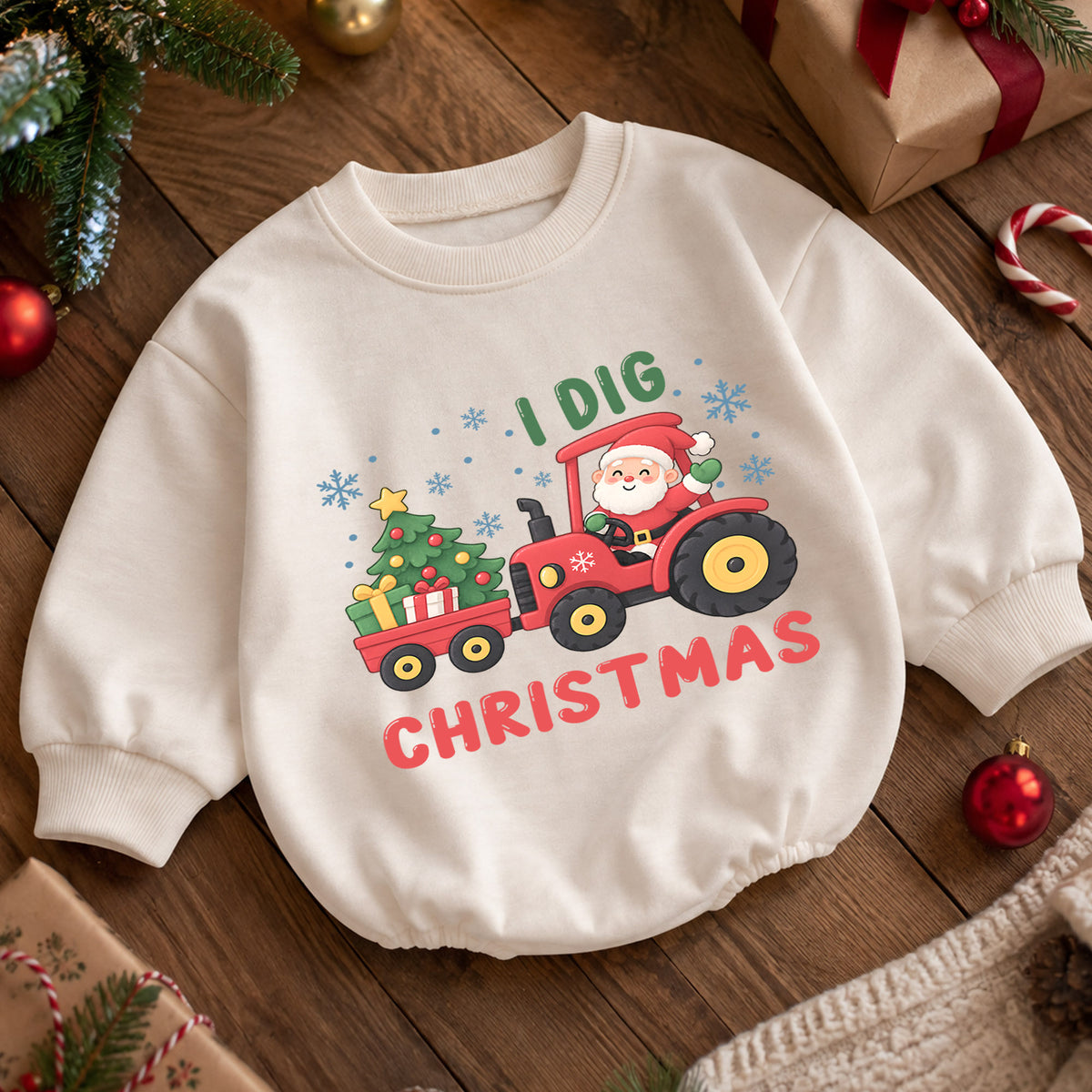 Santa Tractor Christmas Outfit, I Dig Christmas Baby Romper, Farm Toddler Holiday Romper, Cute 1st Christmas Gift for Baby — product view 5