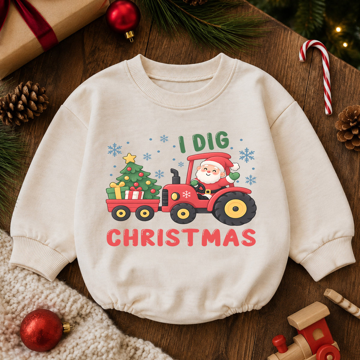 Santa Tractor Christmas Outfit, I Dig Christmas Baby Romper, Farm Toddler Holiday Romper, Cute 1st Christmas Gift for Baby — product view 6