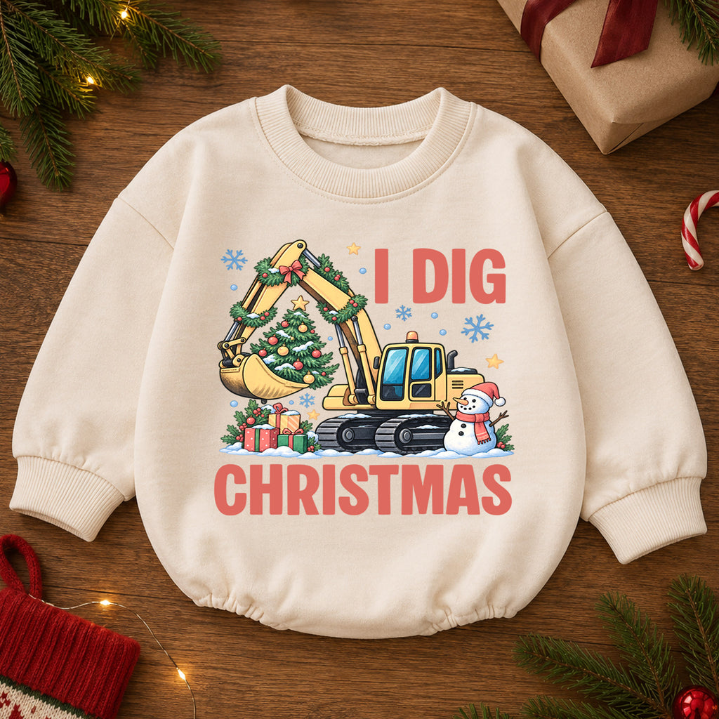 Excavator Snowman Holiday Outfit, I Dig Christmas Baby Romper, Construction Toddler Romper, Cute 1st Christmas Gift for Baby — product view 2