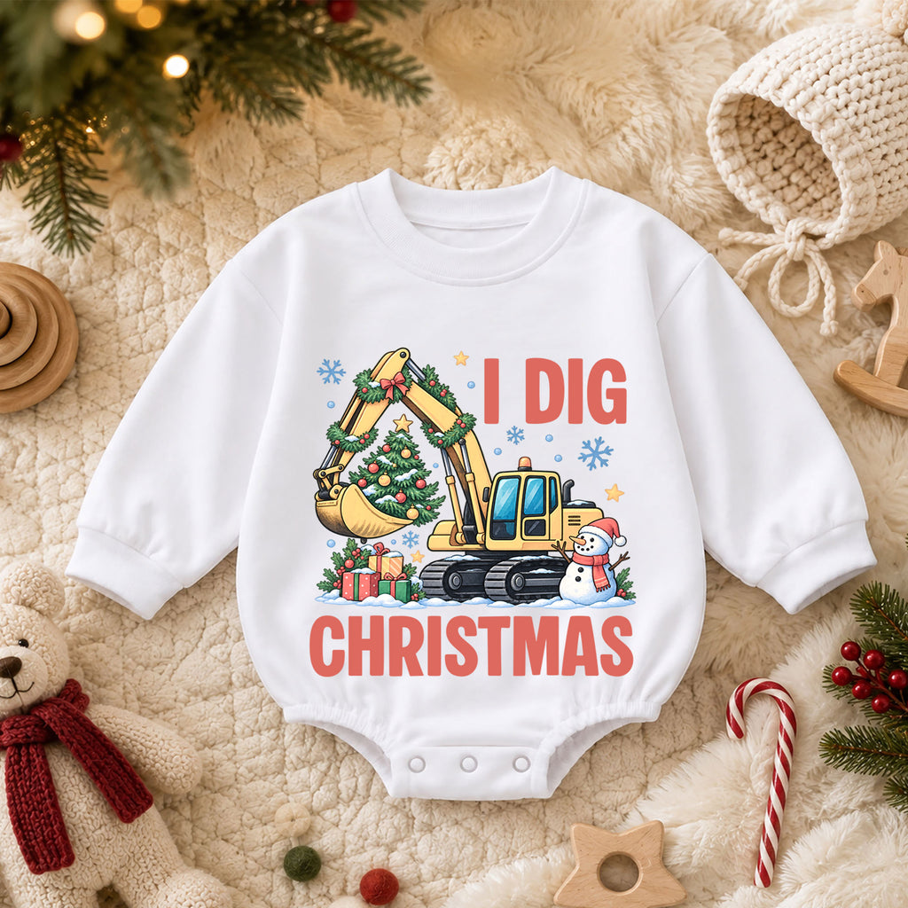 Excavator Snowman Holiday Outfit, I Dig Christmas Baby Romper, Construction Toddler Romper, Cute 1st Christmas Gift for Baby — product view 3