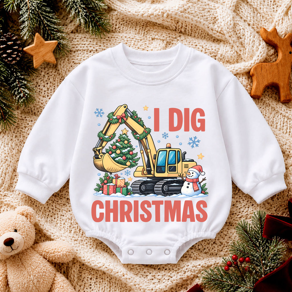 Excavator Snowman Holiday Outfit, I Dig Christmas Baby Romper, Construction Toddler Romper, Cute 1st Christmas Gift for Baby — product view 4