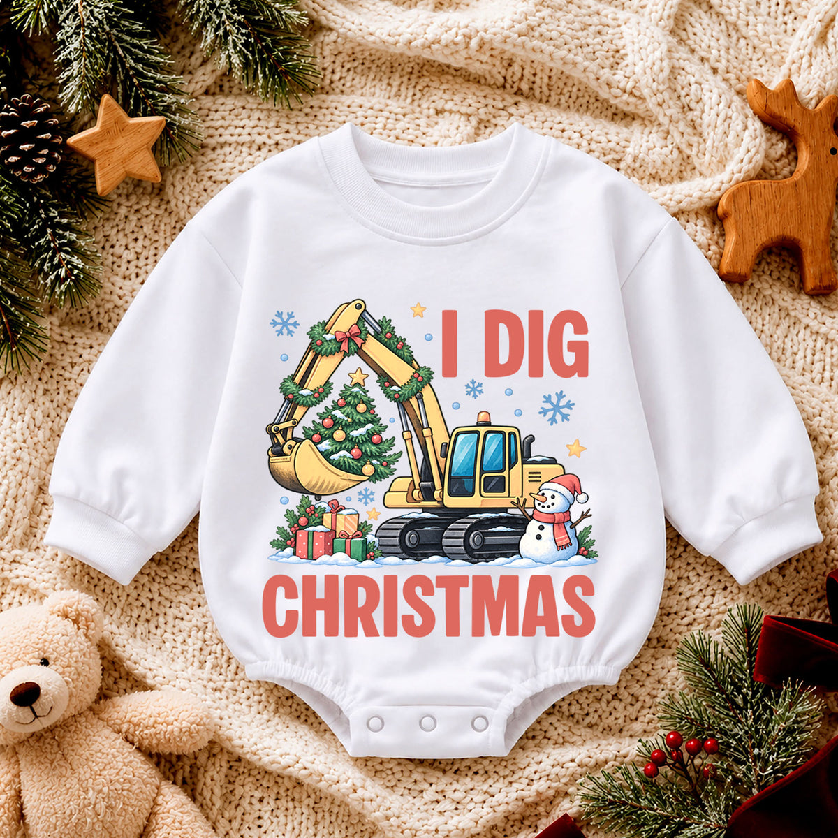 Excavator Snowman Holiday Outfit, I Dig Christmas Baby Romper, Construction Toddler Romper, Cute 1st Christmas Gift for Baby — product view 4
