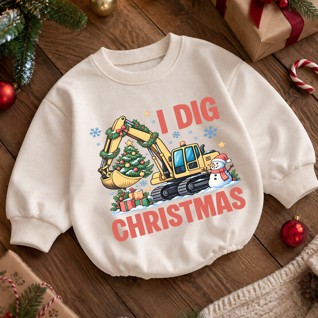 Excavator Snowman Holiday Outfit, I Dig Christmas Baby Romper, Construction Toddler Romper, Cute 1st Christmas Gift for Baby — product view 5