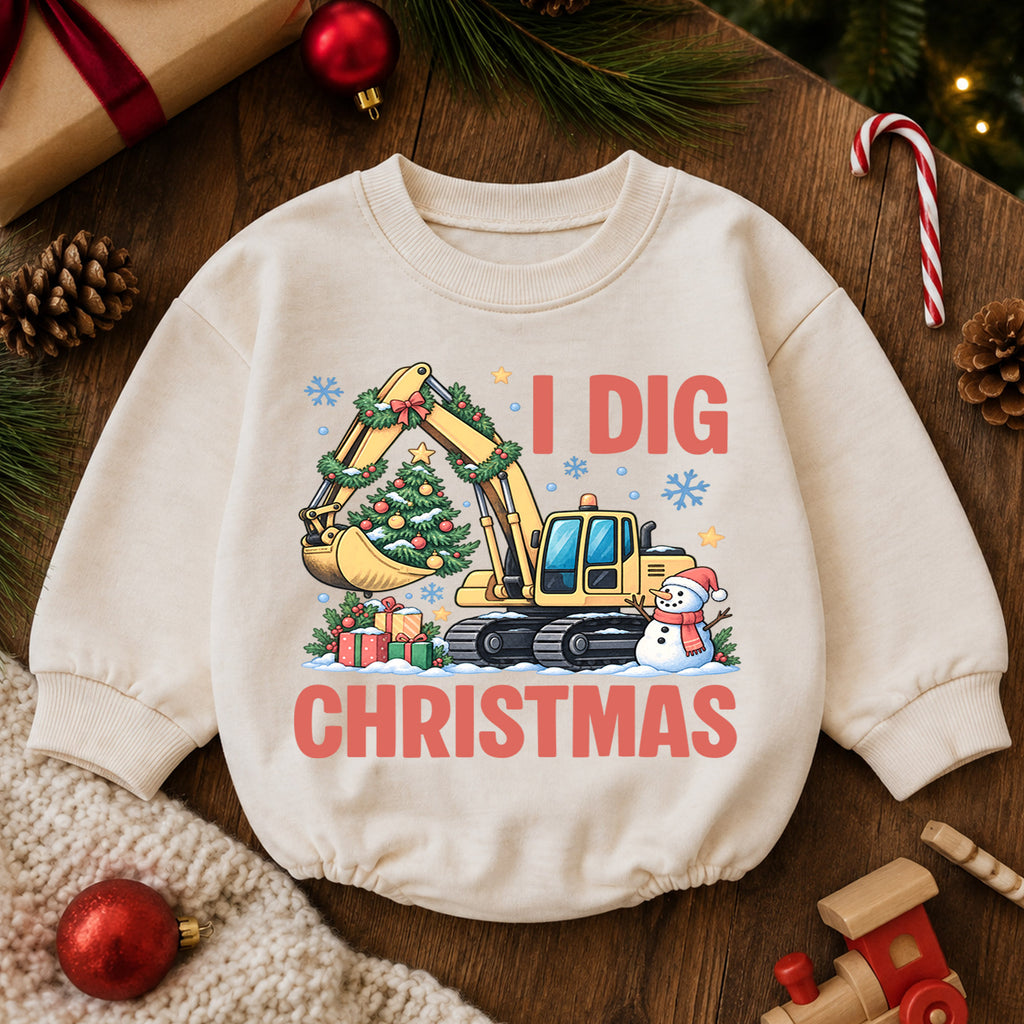 Excavator Snowman Holiday Outfit, I Dig Christmas Baby Romper, Construction Toddler Romper, Cute 1st Christmas Gift for Baby — product view 6