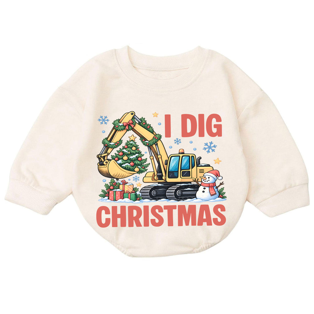 Excavator Snowman Holiday Outfit, I Dig Christmas Baby Romper, Construction Toddler Romper, Cute 1st Christmas Gift for Baby — product view 7