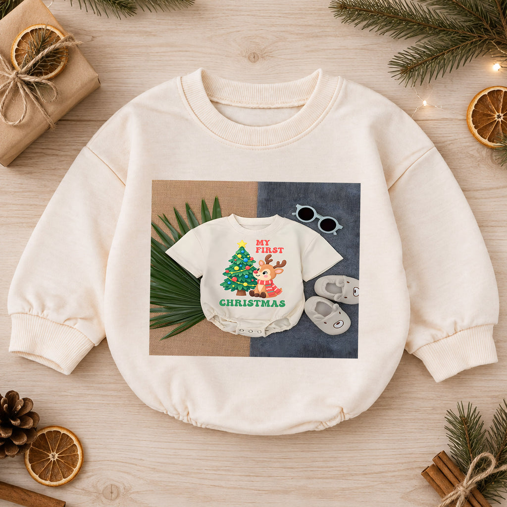 My First Christmas Baby Romper, Baby First Christmas Outfit, Cute Reindeer Christmas Tree, Infant Holiday Outfit, 1st Christmas Gift — product view 1