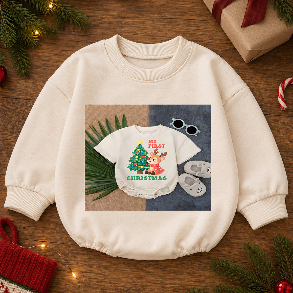 My First Christmas Baby Romper, Baby First Christmas Outfit, Cute Reindeer Christmas Tree, Infant Holiday Outfit, 1st Christmas Gift — product view 2