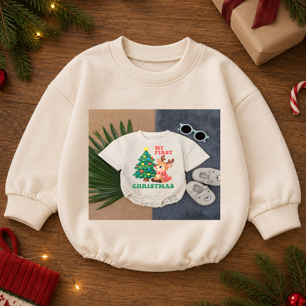 My First Christmas Baby Romper, Baby First Christmas Outfit, Cute Reindeer Christmas Tree, Infant Holiday Outfit, 1st Christmas Gift — product view 2