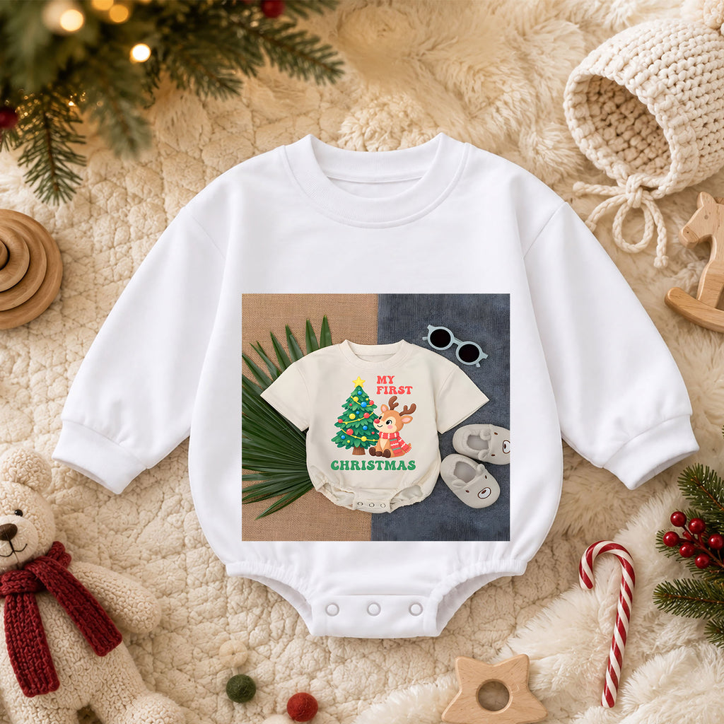 My First Christmas Baby Romper, Baby First Christmas Outfit, Cute Reindeer Christmas Tree, Infant Holiday Outfit, 1st Christmas Gift — product view 3