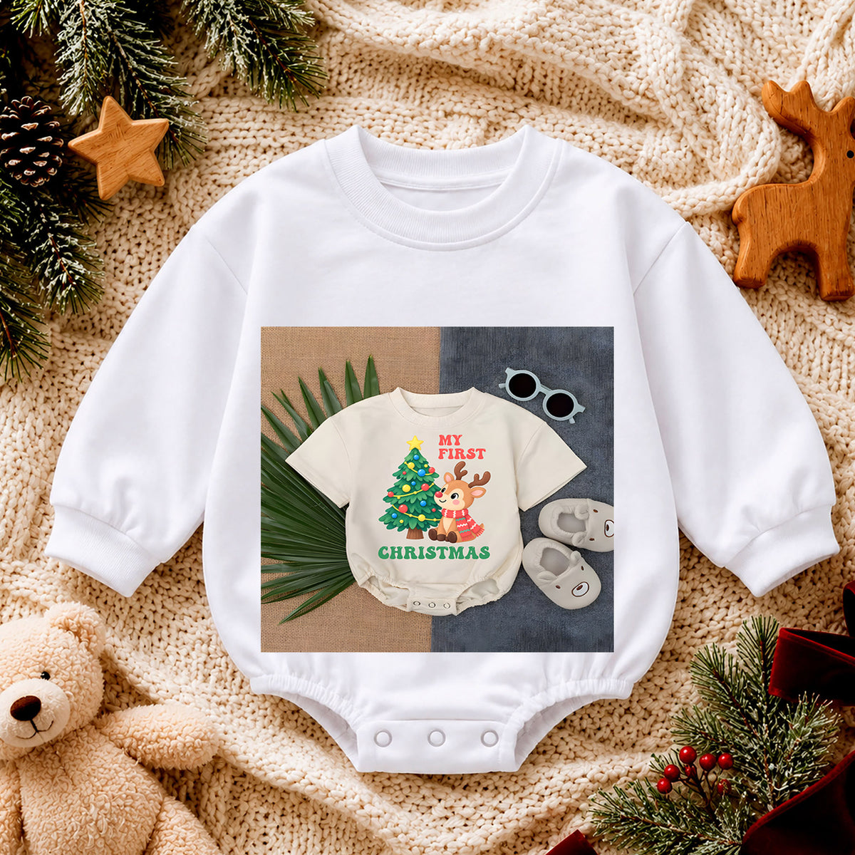 My First Christmas Baby Romper, Baby First Christmas Outfit, Cute Reindeer Christmas Tree, Infant Holiday Outfit, 1st Christmas Gift — product view 4