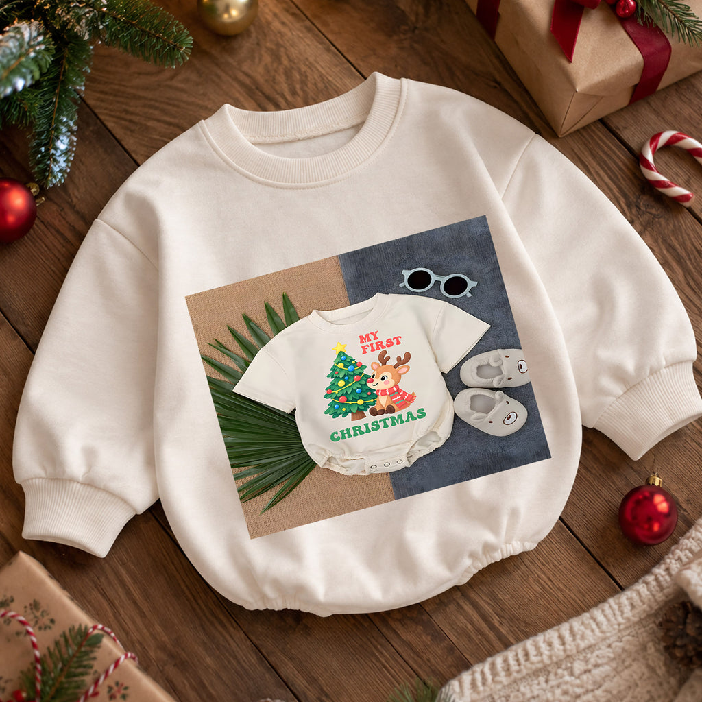 My First Christmas Baby Romper, Baby First Christmas Outfit, Cute Reindeer Christmas Tree, Infant Holiday Outfit, 1st Christmas Gift — product view 5