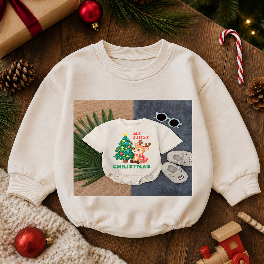 My First Christmas Baby Romper, Baby First Christmas Outfit, Cute Reindeer Christmas Tree, Infant Holiday Outfit, 1st Christmas Gift — product view 6