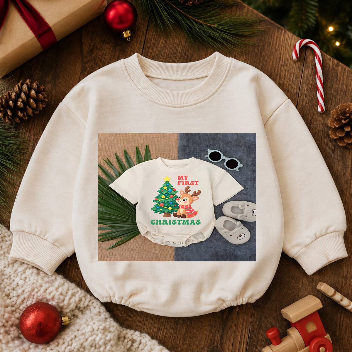 My First Christmas Baby Romper, Baby First Christmas Outfit, Cute Reindeer Christmas Tree, Infant Holiday Outfit, 1st Christmas Gift — product view 6
