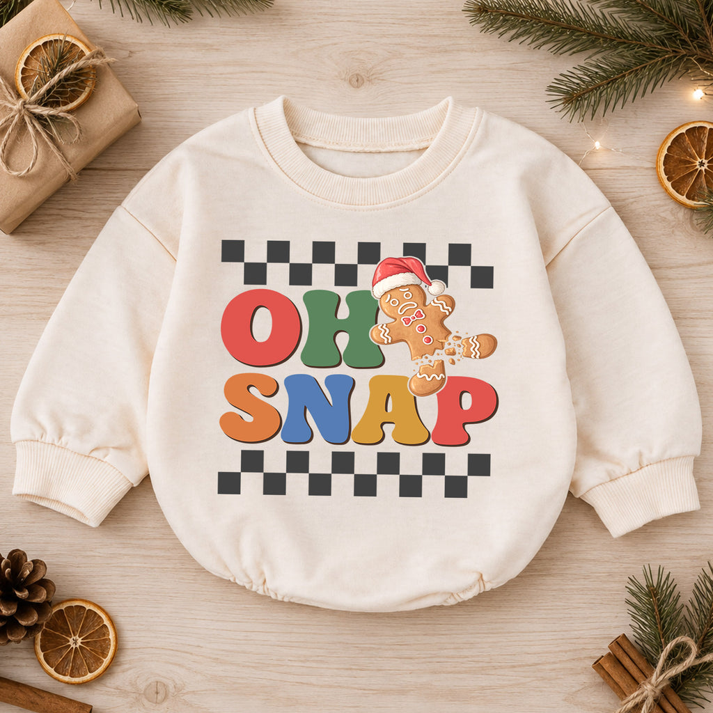 Oh Snap Gingerbread Baby Romper, Baby First Christmas Outfit, Retro Checkerboard Christmas, Toddler Holiday Outfit, Xmas Baby Gift — product view 1