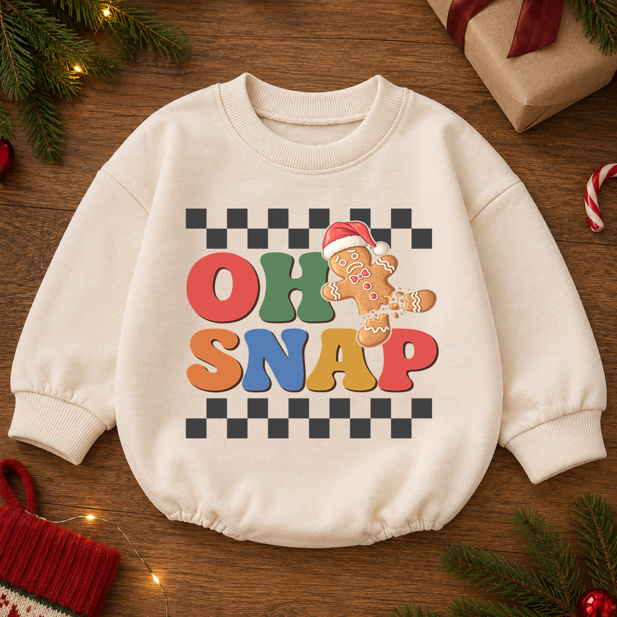 Oh Snap Gingerbread Baby Romper, Baby First Christmas Outfit, Retro Checkerboard Christmas, Toddler Holiday Outfit, Xmas Baby Gift — product view 2