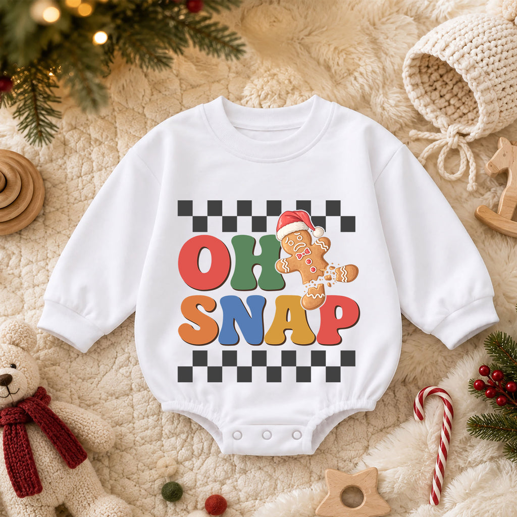 Oh Snap Gingerbread Baby Romper, Baby First Christmas Outfit, Retro Checkerboard Christmas, Toddler Holiday Outfit, Xmas Baby Gift — product view 3