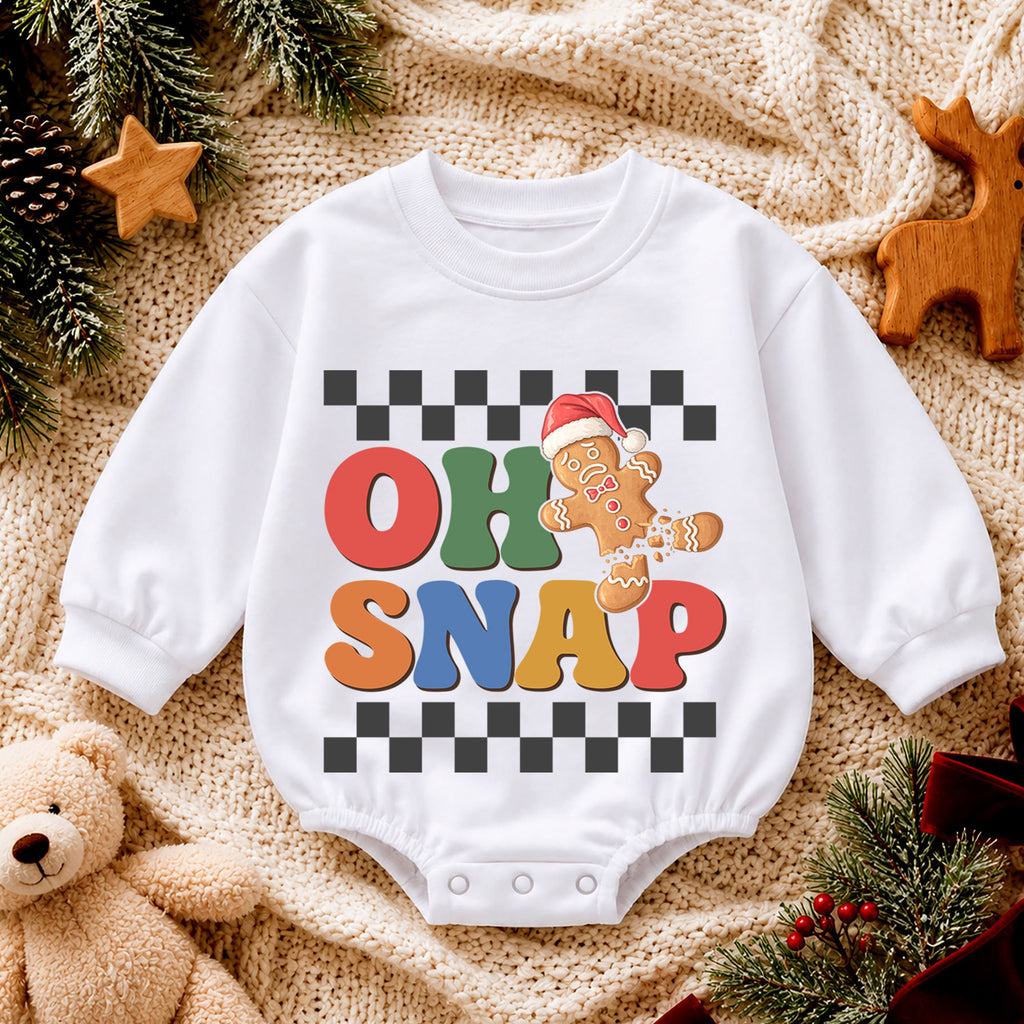Oh Snap Gingerbread Baby Romper, Baby First Christmas Outfit, Retro Checkerboard Christmas, Toddler Holiday Outfit, Xmas Baby Gift — product view 4