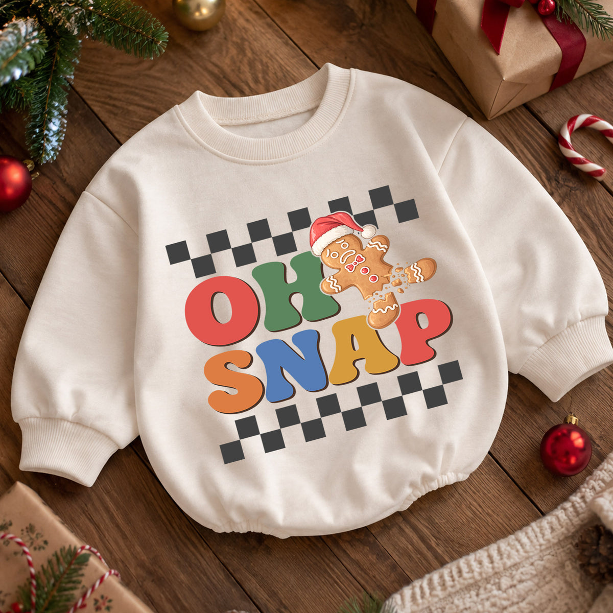 Oh Snap Gingerbread Baby Romper, Baby First Christmas Outfit, Retro Checkerboard Christmas, Toddler Holiday Outfit, Xmas Baby Gift — product view 5