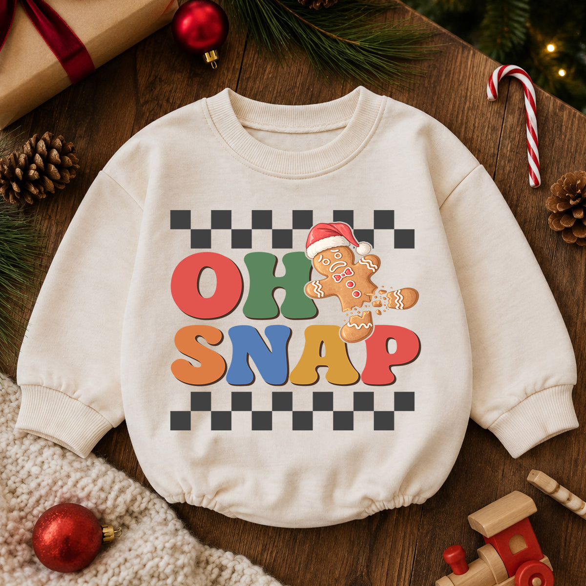 Oh Snap Gingerbread Baby Romper, Baby First Christmas Outfit, Retro Checkerboard Christmas, Toddler Holiday Outfit, Xmas Baby Gift — product view 6