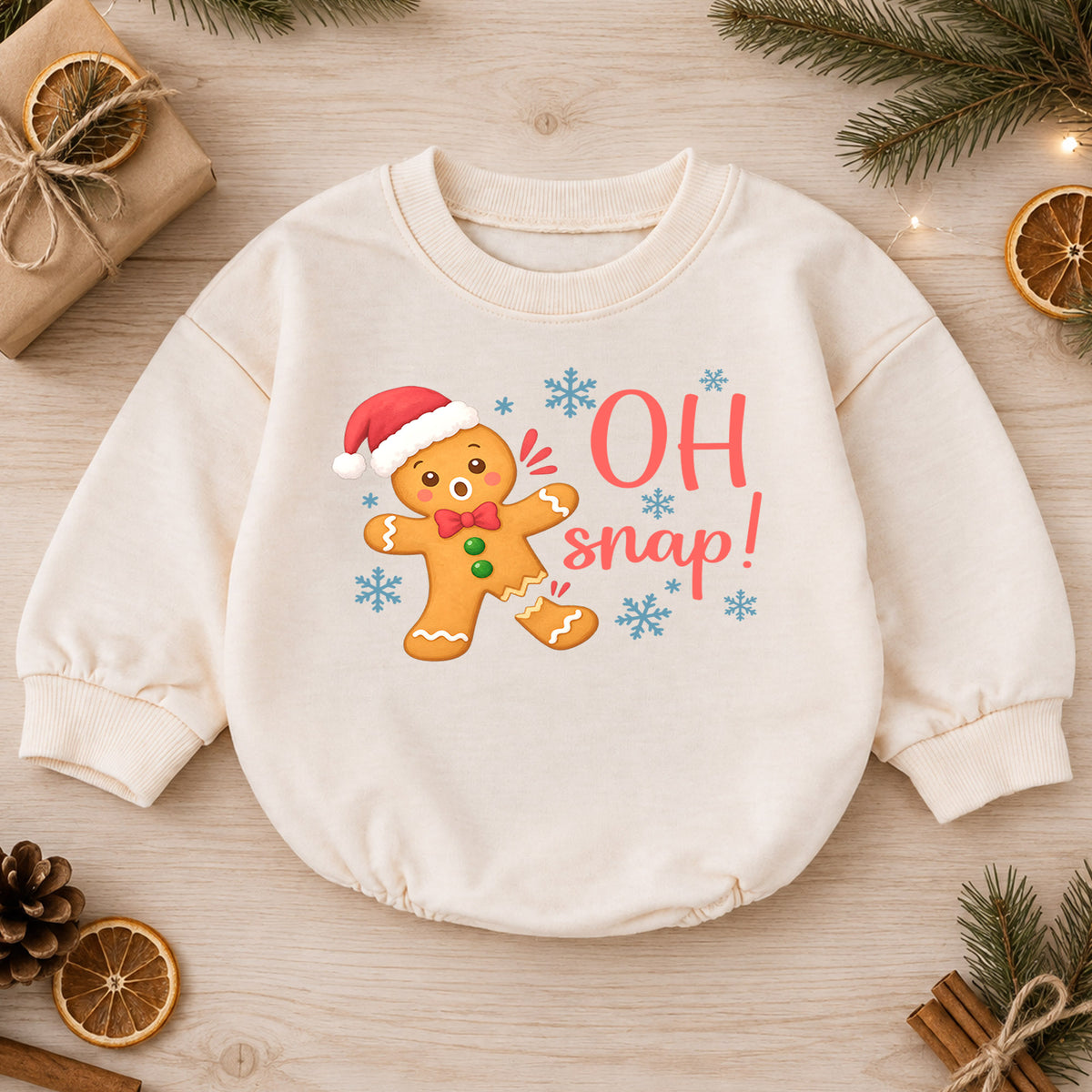 Oh Snap Gingerbread Baby Romper, Baby First Christmas Outfit, Cute Christmas Cookie Snowflake Design, Toddler Holiday Romper, Xmas Gift — product view 1