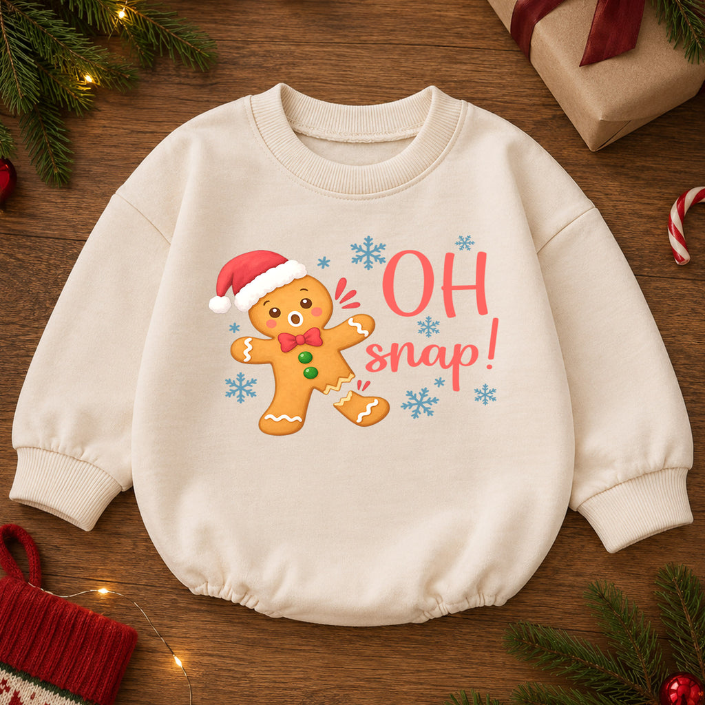 Oh Snap Gingerbread Baby Romper, Baby First Christmas Outfit, Cute Christmas Cookie Snowflake Design, Toddler Holiday Romper, Xmas Gift — product view 2