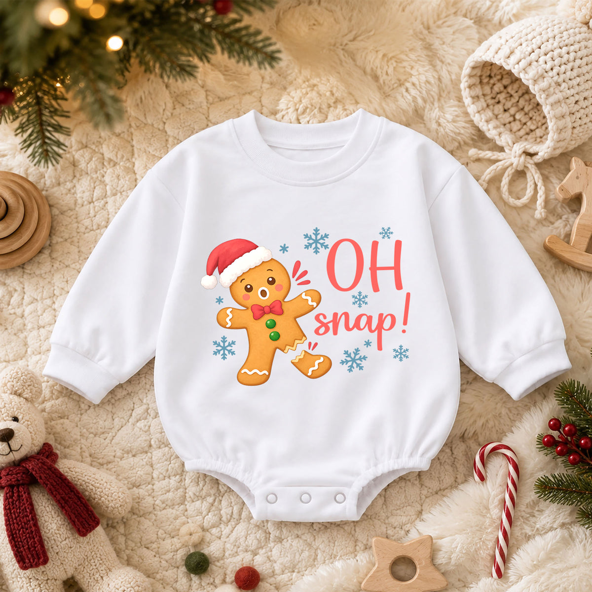 Oh Snap Gingerbread Baby Romper, Baby First Christmas Outfit, Cute Christmas Cookie Snowflake Design, Toddler Holiday Romper, Xmas Gift — product view 3