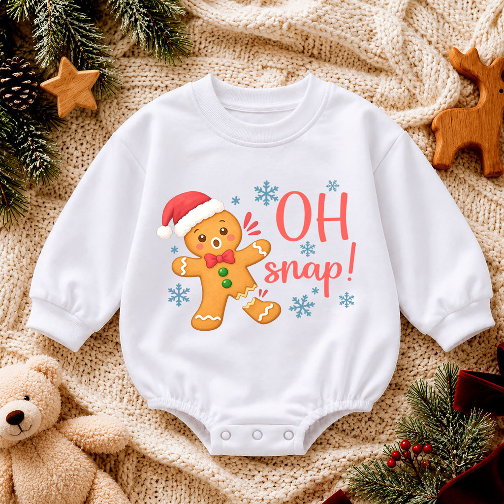 Oh Snap Gingerbread Baby Romper, Baby First Christmas Outfit, Cute Christmas Cookie Snowflake Design, Toddler Holiday Romper, Xmas Gift — product view 4