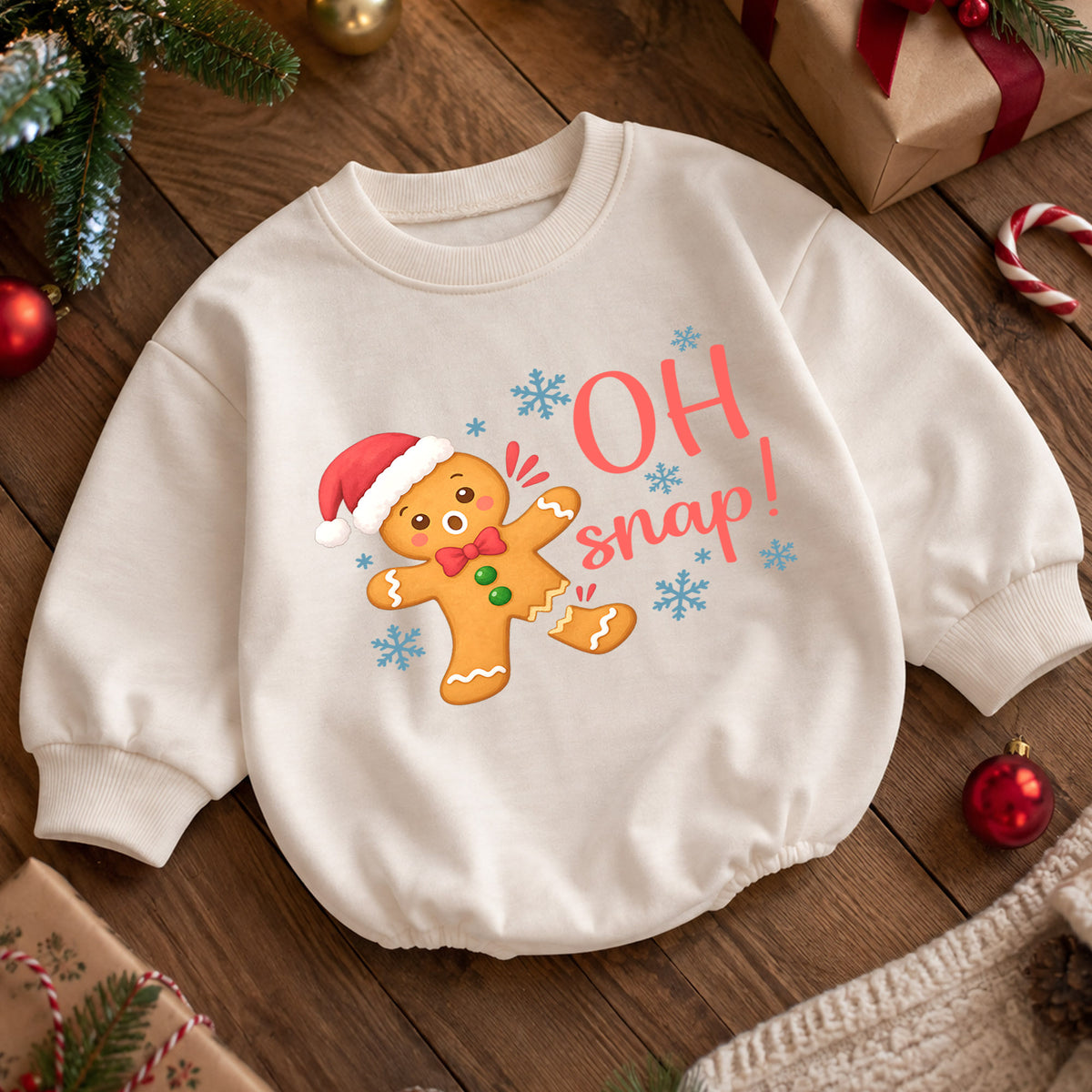 Oh Snap Gingerbread Baby Romper, Baby First Christmas Outfit, Cute Christmas Cookie Snowflake Design, Toddler Holiday Romper, Xmas Gift — product view 5