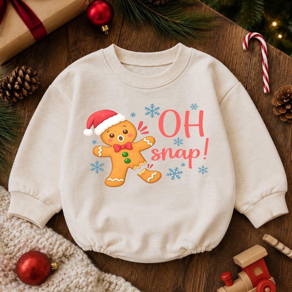 Oh Snap Gingerbread Baby Romper, Baby First Christmas Outfit, Cute Christmas Cookie Snowflake Design, Toddler Holiday Romper, Xmas Gift — product view 6