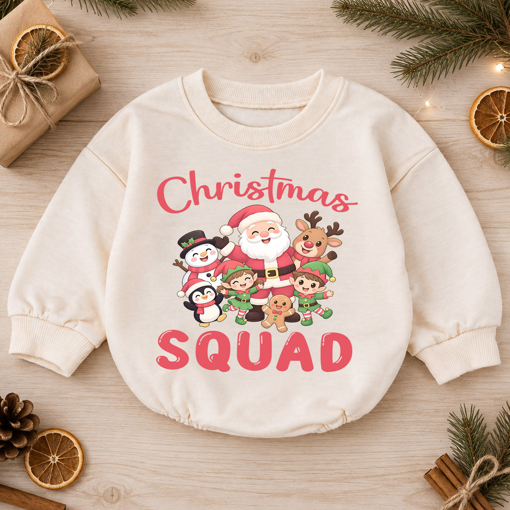 Christmas Squad Baby Romper, Santa Reindeer Snowman Elf Holiday Outfit, Cute Toddler Xmas Romper, Sweet 1st Christmas Gift for Baby — product view 1