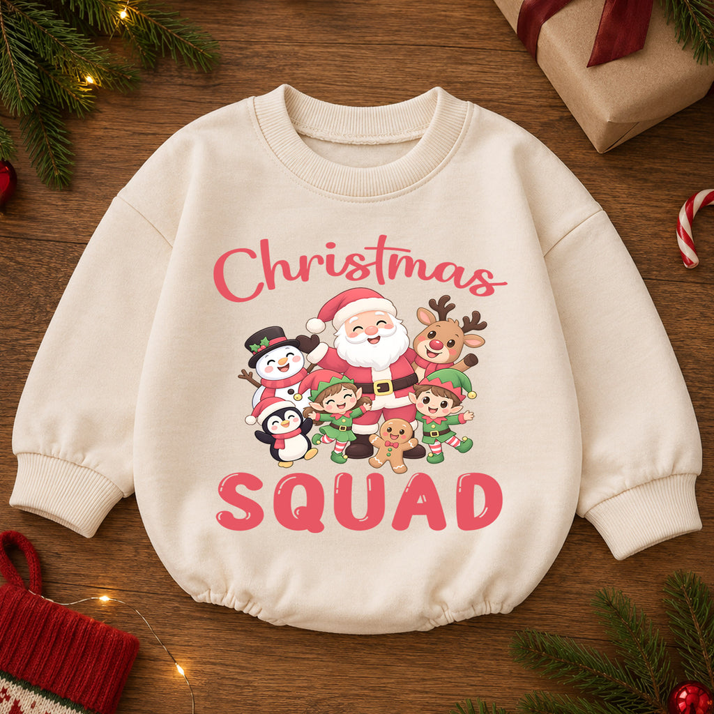 Christmas Squad Baby Romper, Santa Reindeer Snowman Elf Holiday Outfit, Cute Toddler Xmas Romper, Sweet 1st Christmas Gift for Baby — product view 2