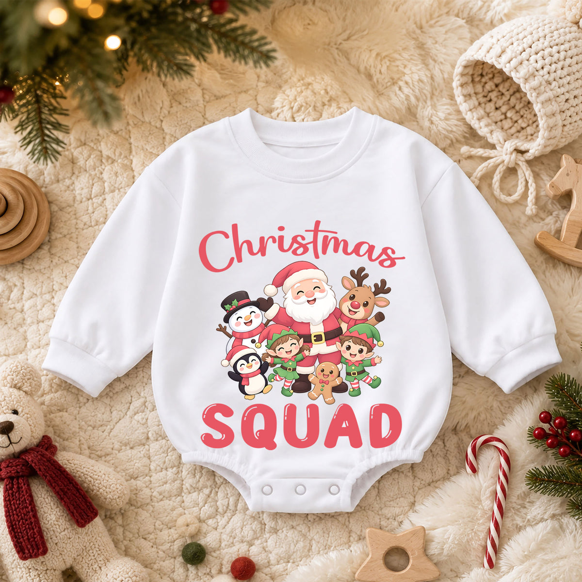 Christmas Squad Baby Romper, Santa Reindeer Snowman Elf Holiday Outfit, Cute Toddler Xmas Romper, Sweet 1st Christmas Gift for Baby — product view 3
