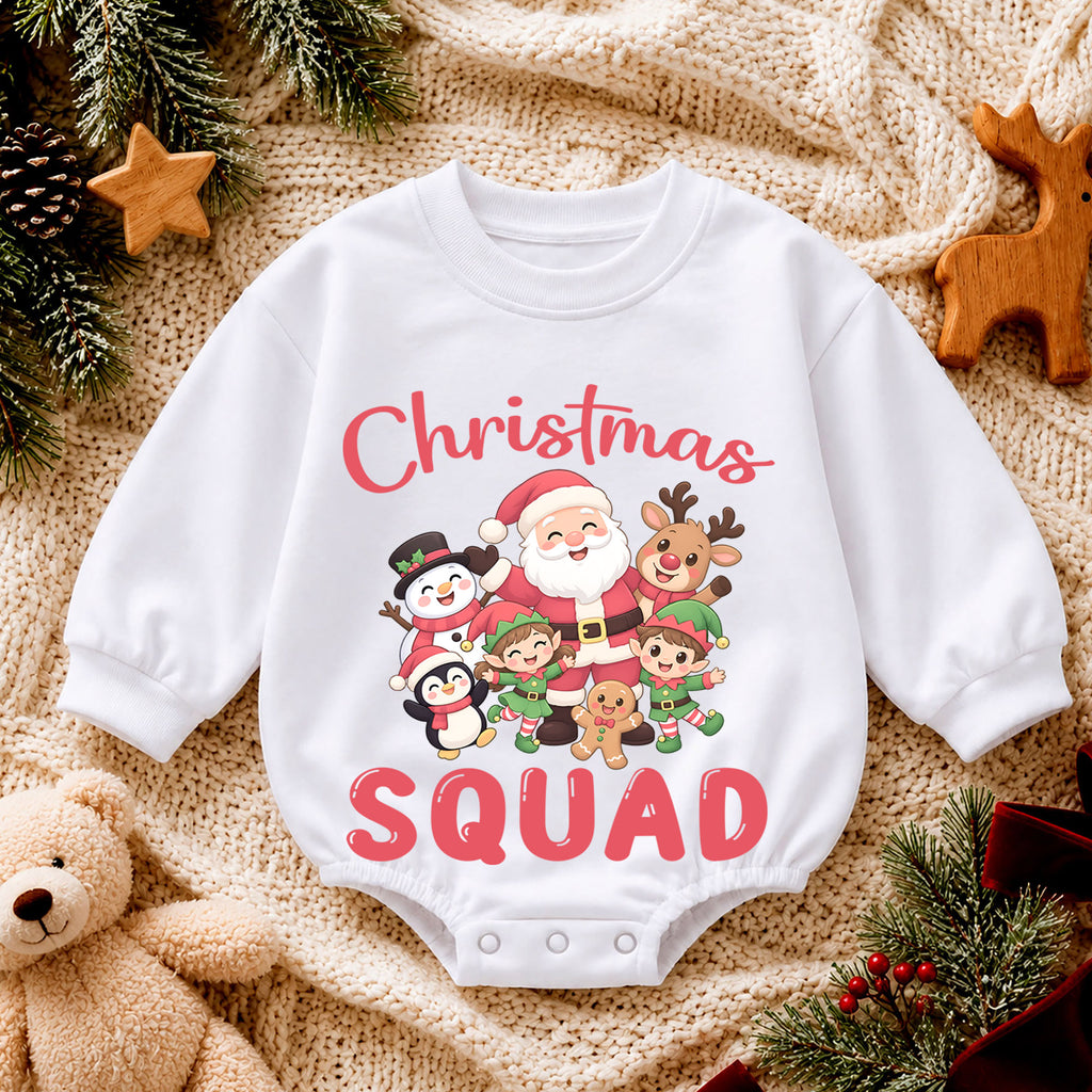 Christmas Squad Baby Romper, Santa Reindeer Snowman Elf Holiday Outfit, Cute Toddler Xmas Romper, Sweet 1st Christmas Gift for Baby — product view 4