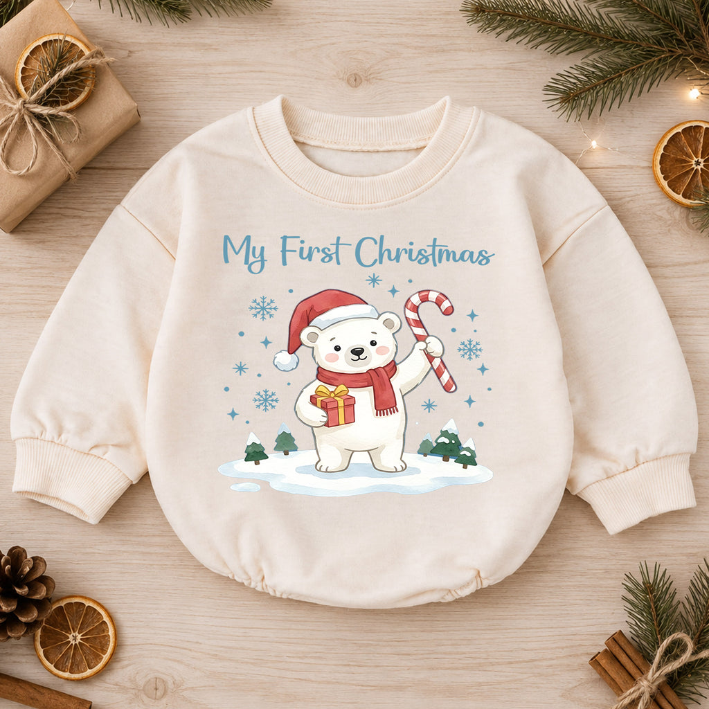 My First Christmas Baby Romper, Baby First Christmas Outfit, Cute Polar Bear Christmas, Infant Holiday Outfit, 1st Christmas Baby Gift — product view 1