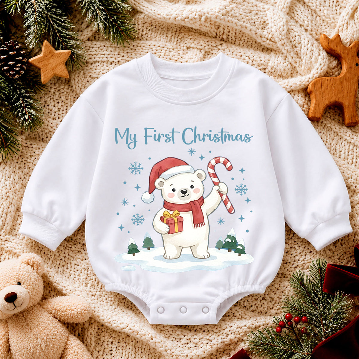 My First Christmas Baby Romper, Baby First Christmas Outfit, Cute Polar Bear Christmas, Infant Holiday Outfit, 1st Christmas Baby Gift — product view 4