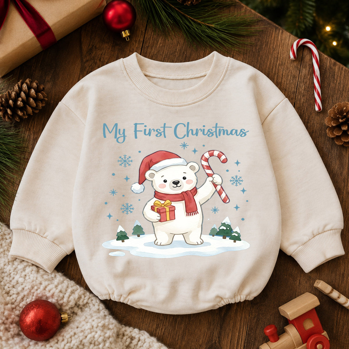 My First Christmas Baby Romper, Baby First Christmas Outfit, Cute Polar Bear Christmas, Infant Holiday Outfit, 1st Christmas Baby Gift — product view 6