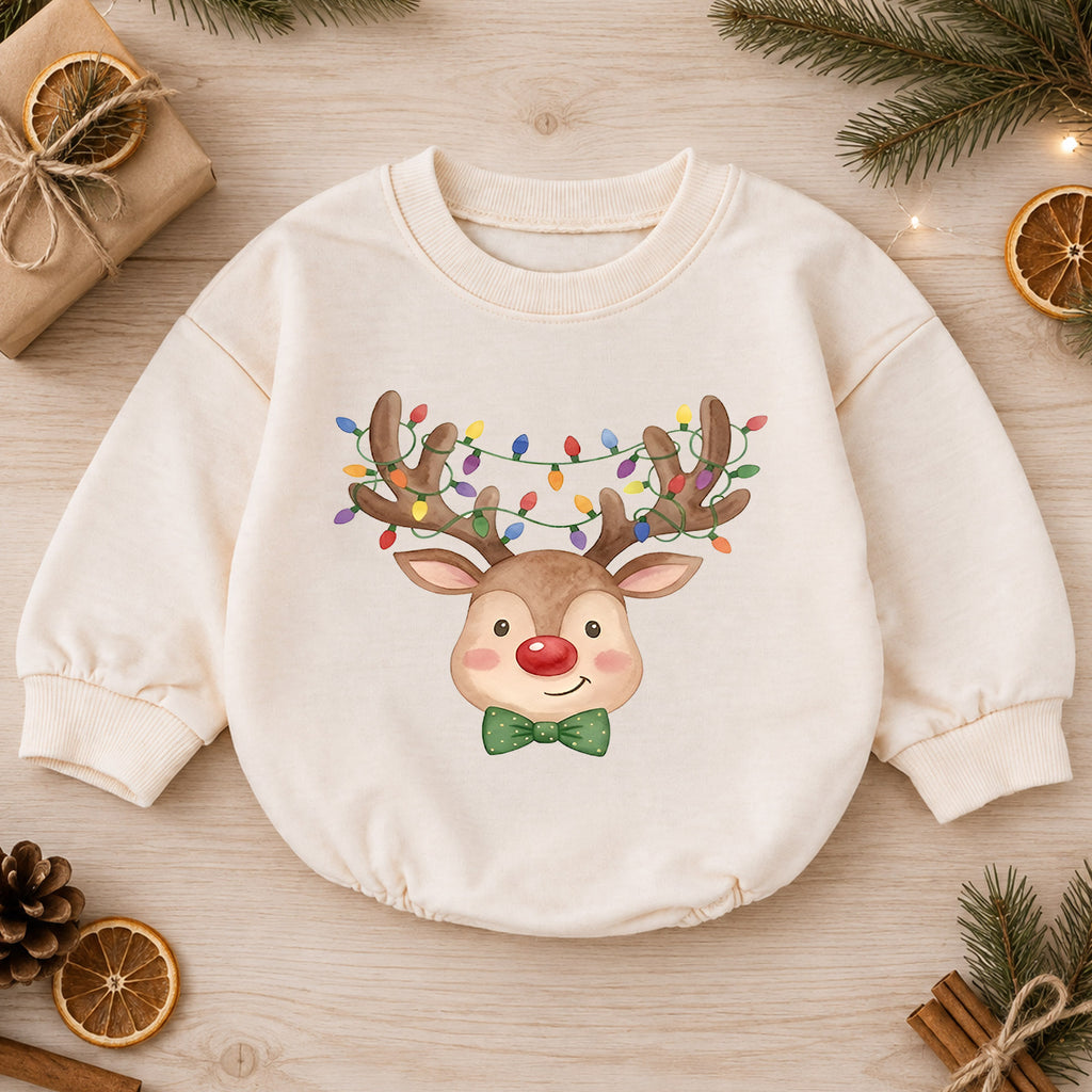 Christmas Reindeer Baby Outfit, Baby First Christmas Romper, Rudolph Holiday Baby Romper, Toddler Christmas Outfit, Xmas Baby Gift — product view 1