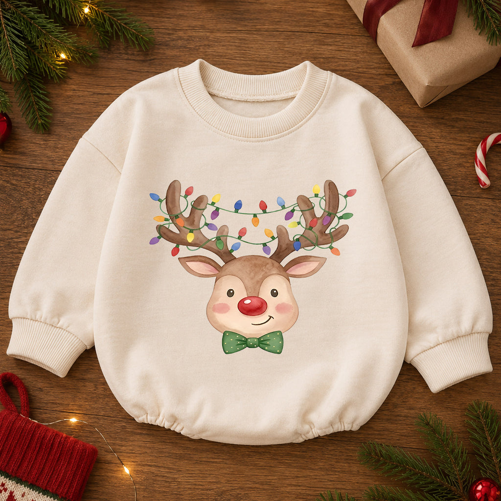 Christmas Reindeer Baby Outfit, Baby First Christmas Romper, Rudolph Holiday Baby Romper, Toddler Christmas Outfit, Xmas Baby Gift — product view 2