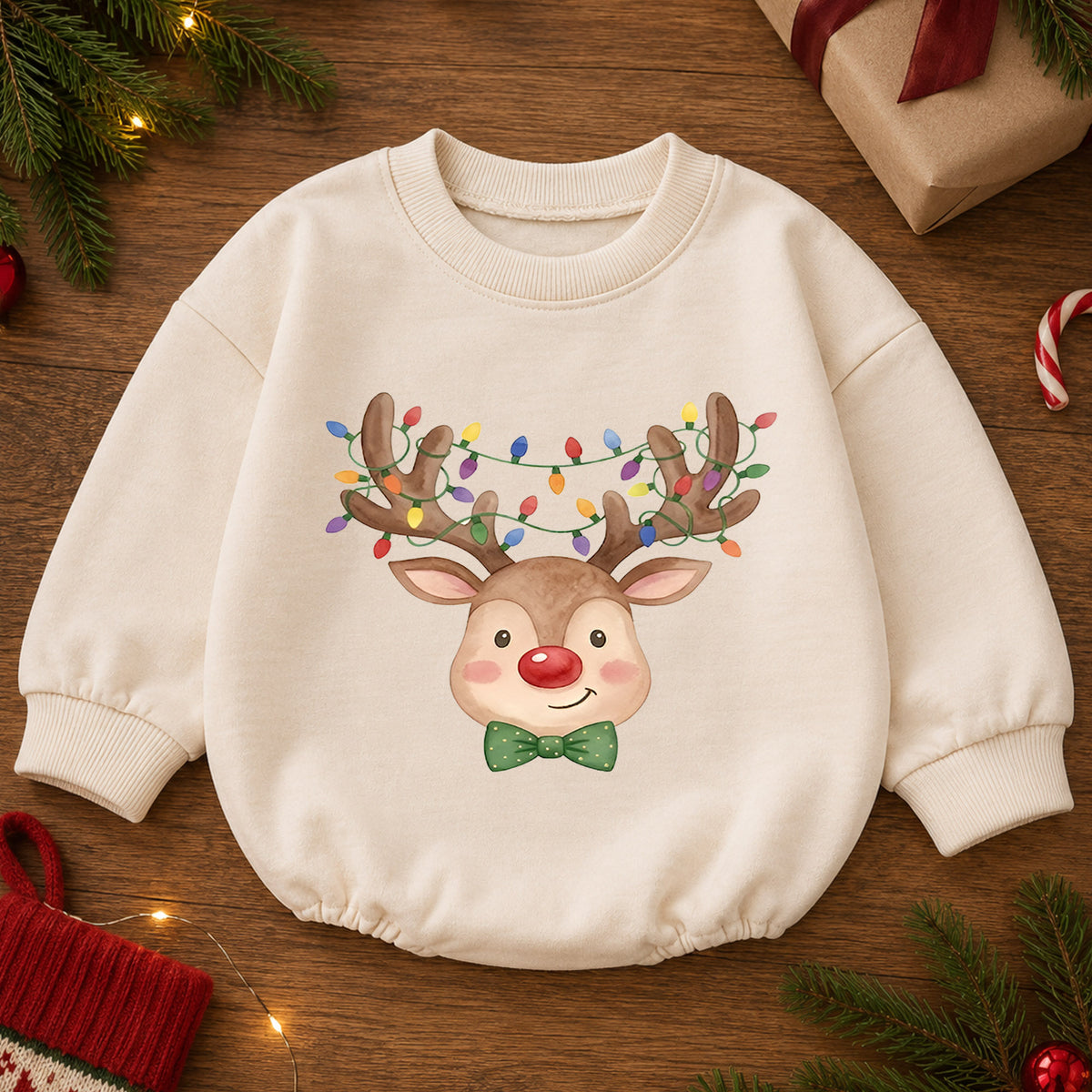 Christmas Reindeer Baby Outfit, Baby First Christmas Romper, Rudolph Holiday Baby Romper, Toddler Christmas Outfit, Xmas Baby Gift — product view 2