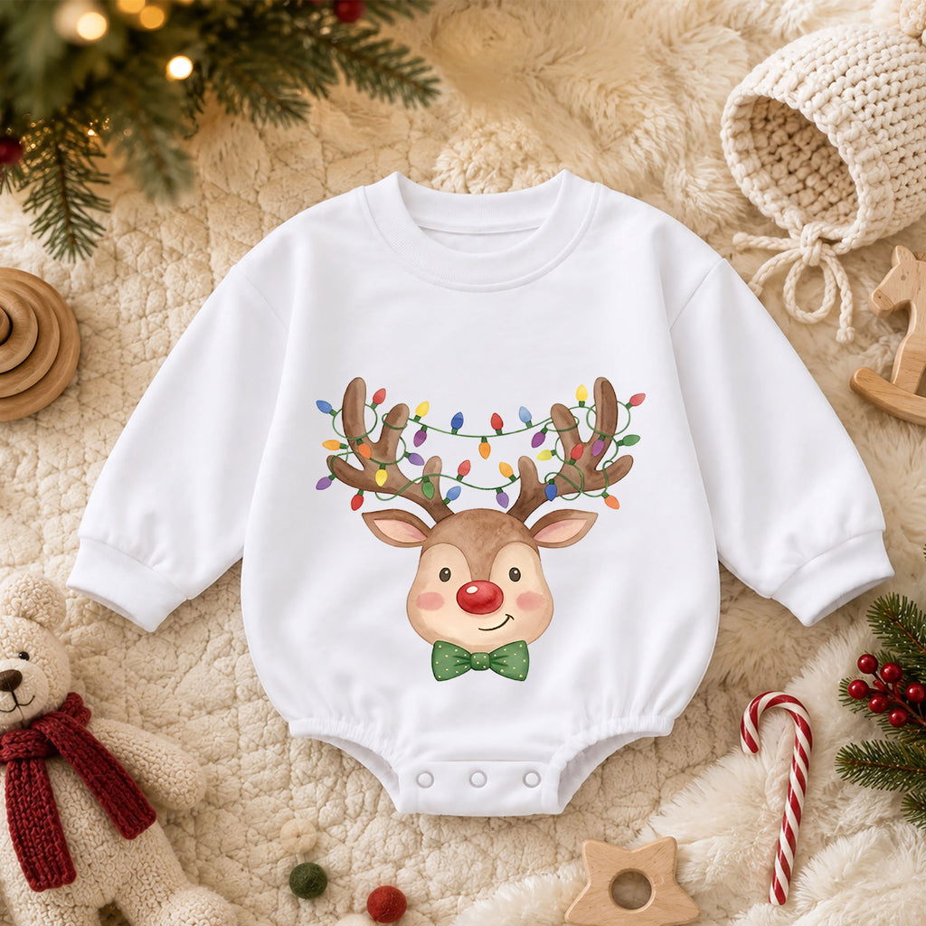 Christmas Reindeer Baby Outfit, Baby First Christmas Romper, Rudolph Holiday Baby Romper, Toddler Christmas Outfit, Xmas Baby Gift — product view 3