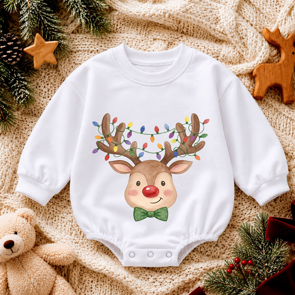 Christmas Reindeer Baby Outfit, Baby First Christmas Romper, Rudolph Holiday Baby Romper, Toddler Christmas Outfit, Xmas Baby Gift — product view 4