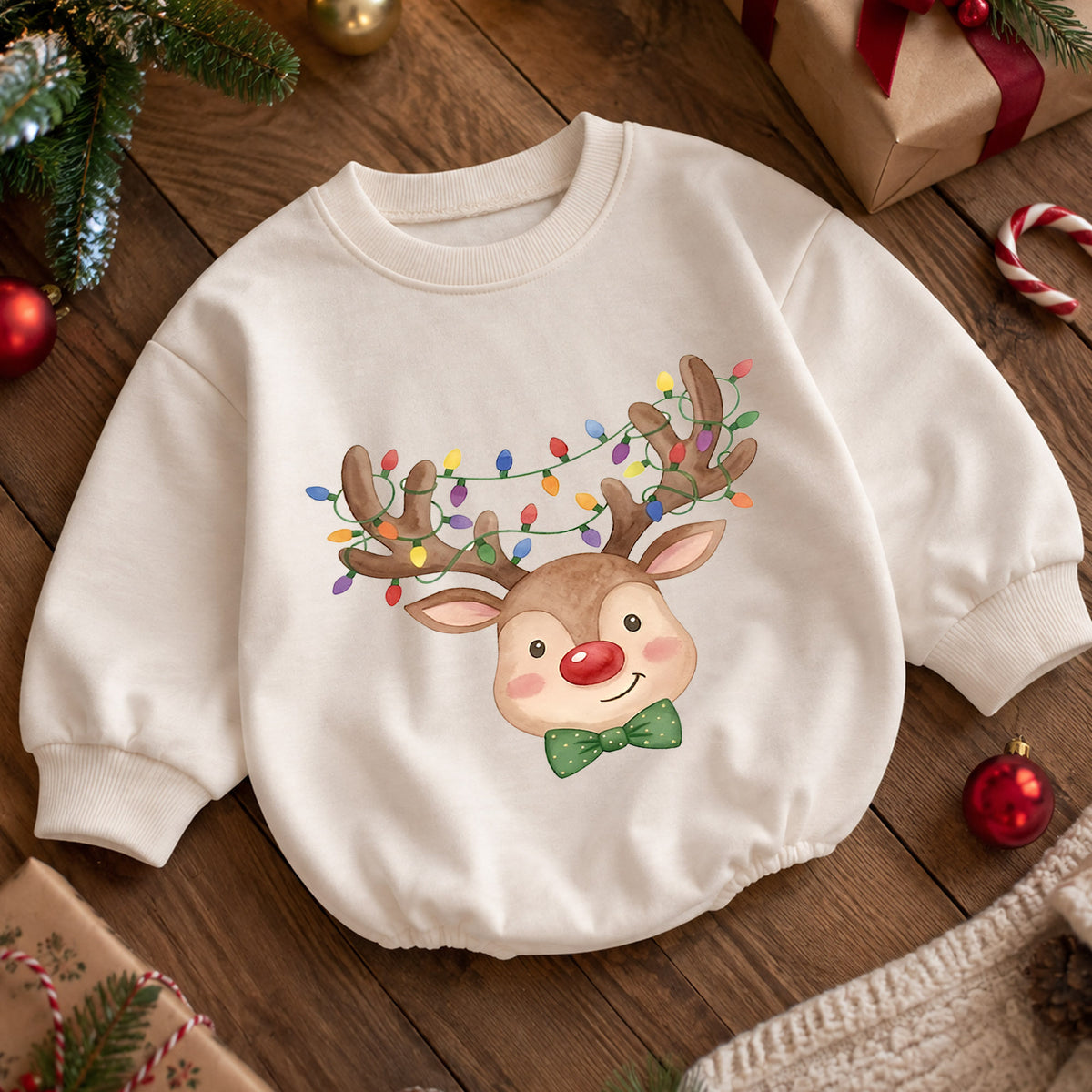 Christmas Reindeer Baby Outfit, Baby First Christmas Romper, Rudolph Holiday Baby Romper, Toddler Christmas Outfit, Xmas Baby Gift — product view 5