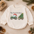 My First Christmas Baby Outfit, Christmas Tractor Baby Romper, Baby First Christmas Outfit, Farm Toddler Holiday Romper, 1st Xmas Gift — product view 1