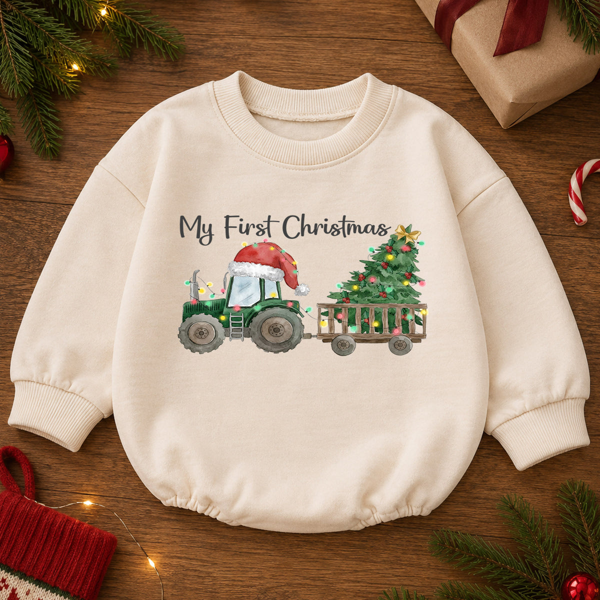 My First Christmas Baby Outfit, Christmas Tractor Baby Romper, Baby First Christmas Outfit, Farm Toddler Holiday Romper, 1st Xmas Gift — product view 2