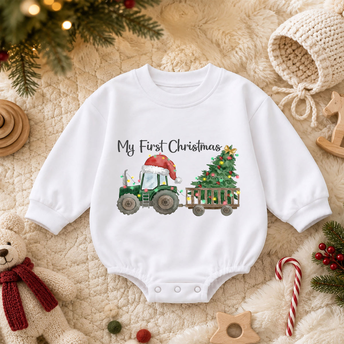 My First Christmas Baby Outfit, Christmas Tractor Baby Romper, Baby First Christmas Outfit, Farm Toddler Holiday Romper, 1st Xmas Gift — product view 3