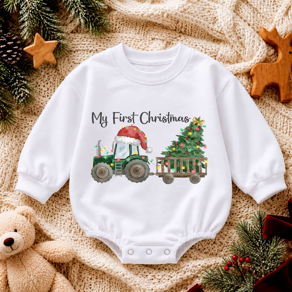 My First Christmas Baby Outfit, Christmas Tractor Baby Romper, Baby First Christmas Outfit, Farm Toddler Holiday Romper, 1st Xmas Gift — product view 4