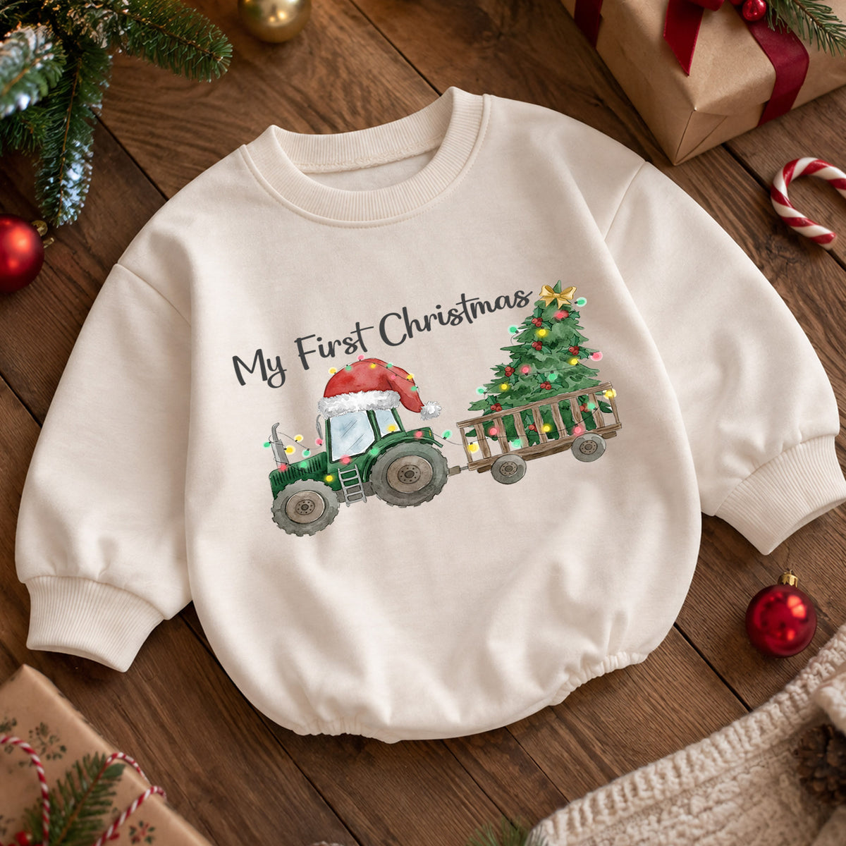 My First Christmas Baby Outfit, Christmas Tractor Baby Romper, Baby First Christmas Outfit, Farm Toddler Holiday Romper, 1st Xmas Gift — product view 5